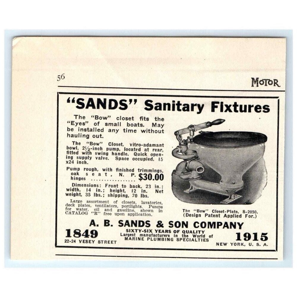 1915 Print Ad A.B Sands & Son Company Sanitary Fixtures Small Boat Bow Closet!